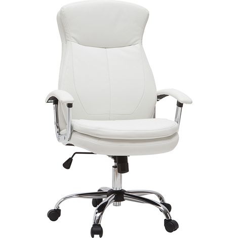 Miliboo – Fauteuil de bureau à roulettes blanc et acier chromé – Têtière rembourrée – Hauteur réglable 49-59 cm – Dimensions L65.5 x P69 x H112-122 cm