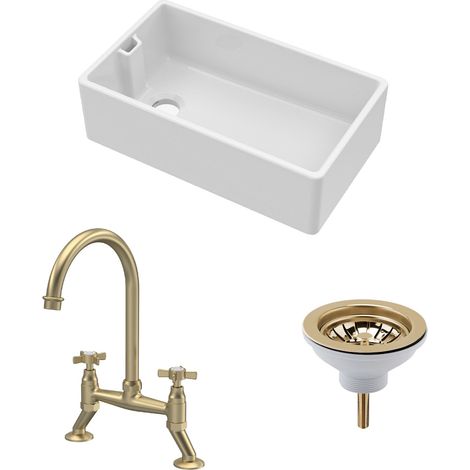Fireclay Kitchen Bundle - 795mm 1 Bowl Belfast Sink with Strainer Waste & Bridge Crosshead Tap, Brushed Brass (1/5)