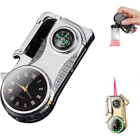 Briquet torche à butane 4 en 1 rechargeable coupe-vent avec montre décapsuleur et boussole intégrés argent (1/5)