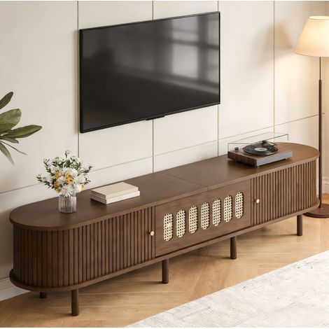 MODFU – Meuble TV 180x40x40 cm MDF – 5 espaces fermés et portes cannage – Jusqu'à 80 pouces et 30 kg – Salon – Noyer (1/5)