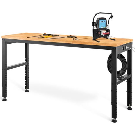 Banc de travail réglable en hauteur, 122x61 cm, plateau en bois dur, cadre métallique, capacité 900 kg, avec prises électriques et pieds antidérapants, pour garage, bureau ou maison. (1/5)