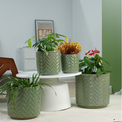 Keramik-Blumentopf Ø31,5 cm mit Chevron-Relief, glänzend Salbeigrün HAVRYA (1/5)