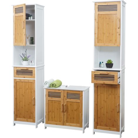 Badezimmerset HHG-146, Badmöbel 2x Hochschrank Waschbeckenunterschank Bambus, MVG-zertifiziert weiß