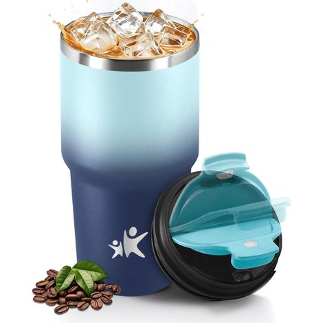 Mug Isotherme 600 ml, Réutilisable, Tasse Isotherme pour Café, Acier Inoxydable 304, Emporter, Anti-fuite, Double Paroi, Étanche Gobelet de Voyage pour Café Chaud et Froid, Bleu ciel et bleu foncé (1/5)