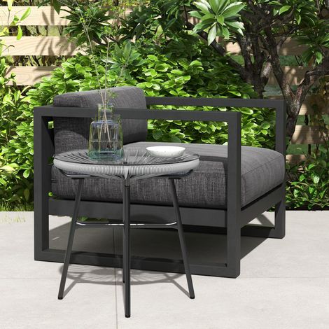 Mesa de jardín estilo bohemio, mesa auxiliar de exterior, ratán PE, cristal templado, resistente a la intemperie, 50 cm x 50 cm x 50 cm, gris (1/5)