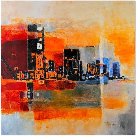 Tableau bois abstraction - ville panoramique - 60 x 60 cm (1/4)