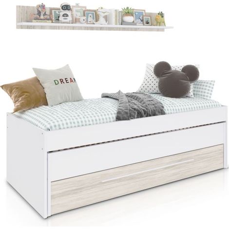 Cama compacta juvenil con estante y almacenaje 96x199 cm Nuit Blanco Artik (Blanco Mate) – Blanco Velho (ancho) x 65cm (alto)