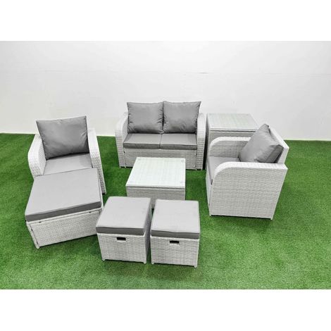 Fimous Light Grey PE Wicker Rattan Garden Furniture Set Sofa Set Reclining Adjustable Chair Square Coffee Table 7 Seater 3 Stools Side Table (1/4)