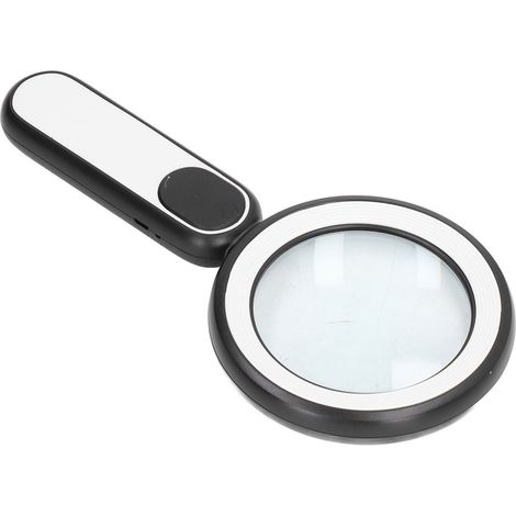 Loupe de poche optique grossissant 20x avec 21 LED, chargement USB et interrupteur tactile, noir et blanc.