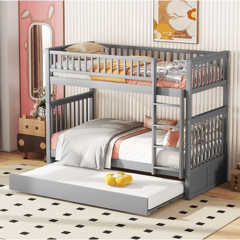 DESVIAE Lit superposé triple enfant avec lit gigogne pin gris 90 x 200 cm escalier latéral garde corps haut (1/5)