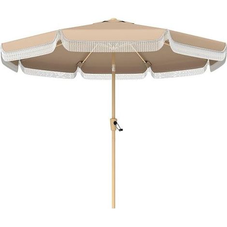Parasol de jardin extérieur 266 cm, parasol inclinable avec franges, manivelle, 8 baleines, toile polyester 180 g/m² anti-UV 30+, pour balcon, piscine, terrasse, kaki (1/5)