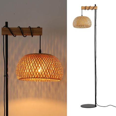 Lampadaire en osier naturel, structure noire et bois, hauteur 157 cm, E27, style bohème moderne, interrupteur à pied, base ultra fine (1/5)