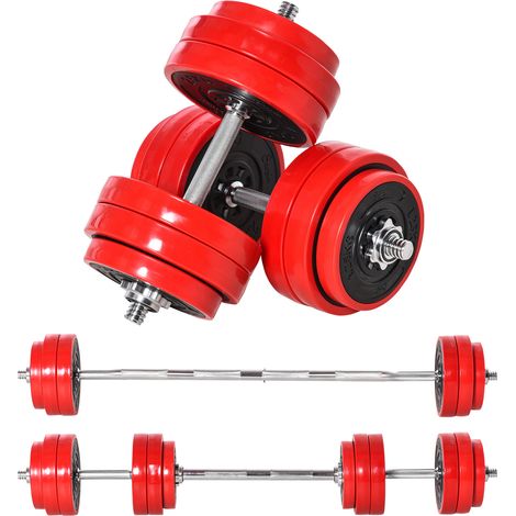 HOMCOM Set 2 in 1 Bilanciere e Manubri Pesi da 30kg, Dischi con Rivestimento in Plastica Antigraffio, Rosso e Nero