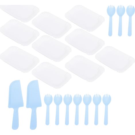 Vaisselle jetable bleue pour gâteau, assiettes, fourchettes et couteaux, articles de table pour fête d'anniversaire (1/5)