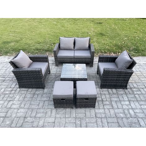 Fimous 6 Seater Outdoor Garden Furniture High Back Rattan Sofa Set with Square Coffee Table 2 Small Footstools Dark Grey Mixed (1/5)