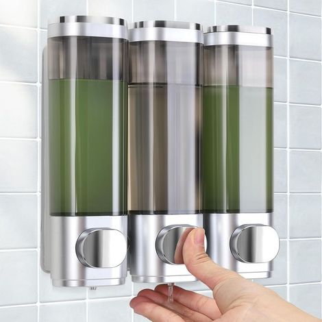 Wall-mounted soap dispenser, shower gel dispenser, set of 3 drill-free soap dispensers, even liquid distribution, leak-proof, suitable for shampoo and shower gel. (1/5)