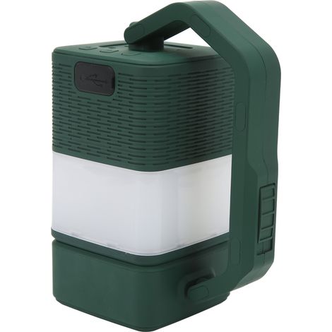 Grüne LED-Campinglampe mit Bluetooth-Lautsprecher, eingebautem Lithium-Akku und USB-Notbeleuchtung für Zelt und Outdoor-Einsatz. (1/5)