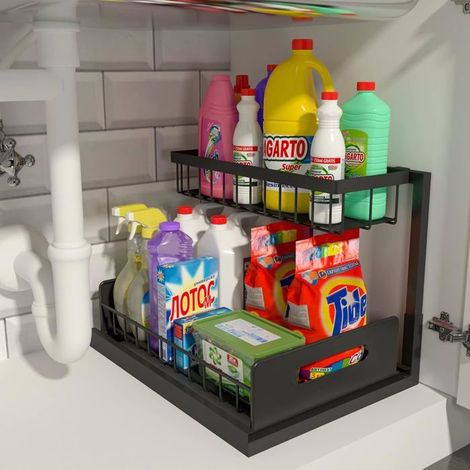 Étagère de rangement sous évier, étagère de rangement coulissante pour armoire, étagère d'évier coulissante double (1/5)