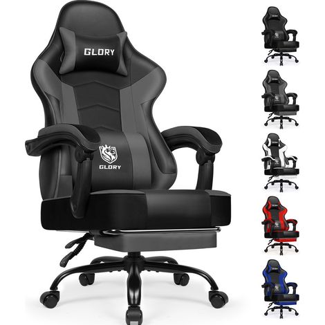 Authmic – Chaise gaming ergonomique inclinable 90° à 170° – Capacité 150 kg – Assise 50 x 50 cm – Appui-tête et repose-pieds gris
