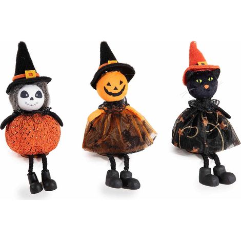 Personaggi di Halloween gambelunghe da appoggiare a zombie, zucca e gatto nero con cappello da strega, set da 9 pezzi, Ø7,5cmx15H (capp.esteso)