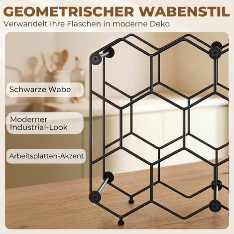 Lot à vin hexagonal 13 bouteilles, étagère métal noir 43x15,5x31 cm, pieds réglables, protection antichute. (1/5)