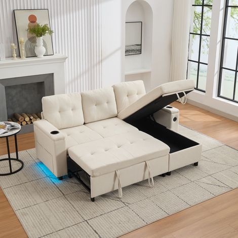 Canapé d'angle 3 places 208 x 146 x 89,5 cm - Pliable - Avec éclairage LED - Avec porte-gobelet et sac de rangement - Beige (1/5)