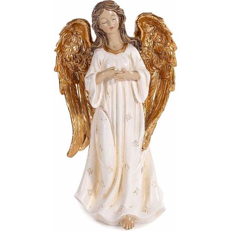 Angeli di Natale in resina colorata con ali dorate da appoggiare, set da 2 pezzi, cm 17 x 12 x 30 H