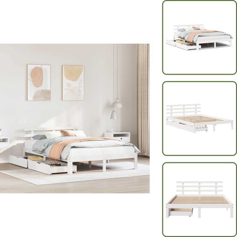 Letto in legno massello - vidaXL Giroletto con Cassetti Bianco 160x200 cm Legno Massello di Pino - Letto con ruote