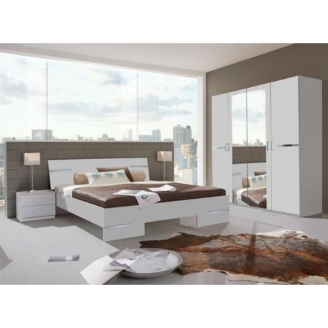 Pegane – Chambre complète adulte 140x200cm – 2 chevets et armoire – Panneaux mélaminés blanc/chrome brillant – Confort optimal