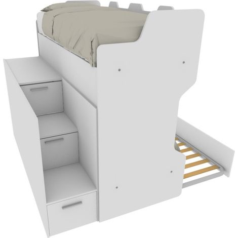 Letto a castello con scala contenitore e terzo letto estraibile - Cameretta salvaspazio - Bianco