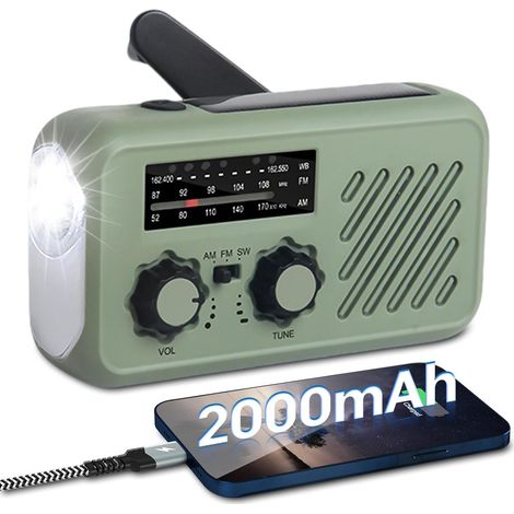 Kleines tragbares Radio, FM/AM-Notfallradio mit wiederaufladbarem Solarakku und Handkurbeldynamo mit LED-Taschenlampe, 2000 mAh externem Akku, USB-SOS-Alarm für Outdoor-Camping (Grün) (1/5)