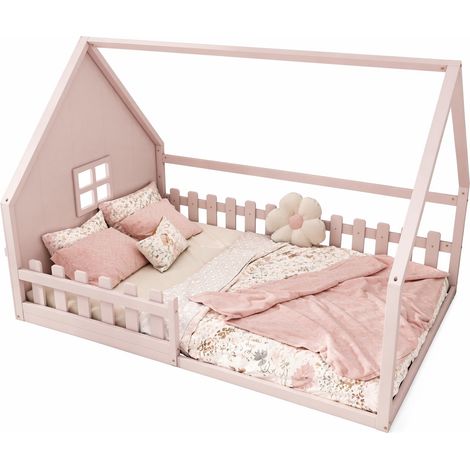Letto Casetta 140×200 cm, Letto Singolo 2 Posti con Sponda, senza Materasso, in Pino e MDF, Rosa (1/5)