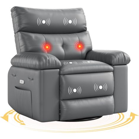Fauteuil relax manuel pivotant 360° et basculant Massage et chauffage, simili-cuir haut de gamme, télécommande et poche latérale - Gris (1/5)