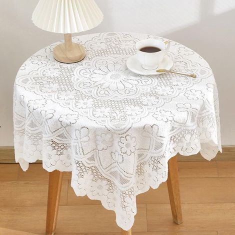 Kleine quadratische, bestickte weiße Baumwolltischdecke mit Spitze im Shabby-Chic-Stil, geeignet für Hochzeiten, Babypartys, Nachttische und Nachttischdekorationen (weiß, 90 x 90 cm) (1/5)