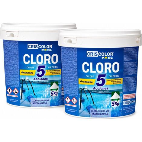 lot de 2 Seau du Chlore Granulé 5 Actions Criscolor Pool 5 kg,Désinfectant, Algicide et Floculant pour une Eau Saine et Cristalline (1/3)