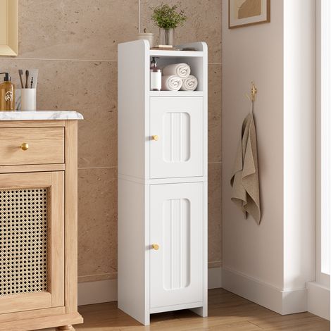 MODFU – Mueble de almacenamiento estrecho 20x20x80 cm de aglomerado con estante regulable, nichos, puertas y antivuelco para recibidor – Blanco (1/5)