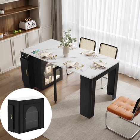 Carrello isola cucina con ruote, carrello cucina con tavolo da pranzo estensibile, piano removibile, prese e LED, utilizzato come buffet o bar per cucina e sala da pranzo - Nero