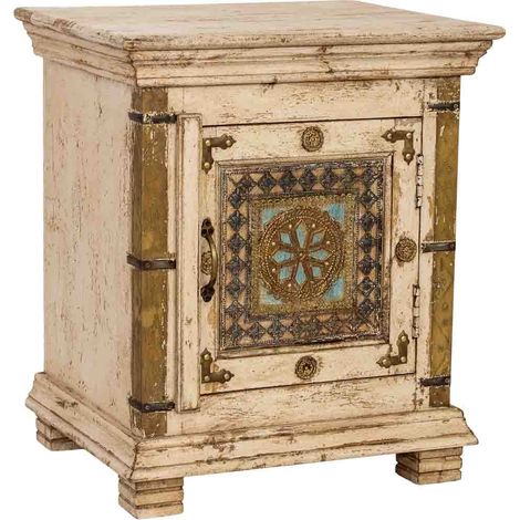 Mesita de noche de madera artesanal blanca 50x40x59h cm