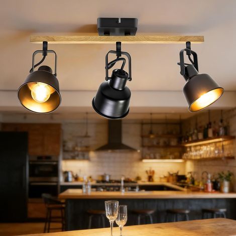 Industrielle Deckenleuchte mit Strahlern und Schienensystem, 3 verstellbare LED-Strahler mit E14-Fassung, Innenbeleuchtung mit rechteckigem Holzsockel, für Küche, Schlafzimmer, Wohnzimmer, Schwarz (Le (1/5)