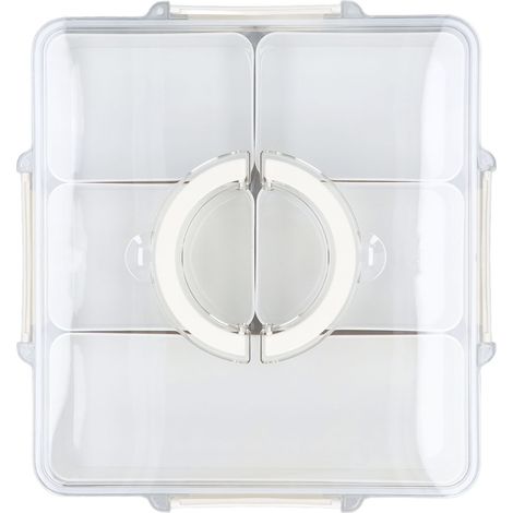 Plateau de service compartimenté avec poignée et couvercle transparent, 5 compartiments, boîte carrée hermétique pour apéritifs, charcuterie, bonbons et épices, blanc (1/5)