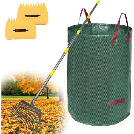 Râteau à Feuilles, 130cm Râteau de Jardin Kit - avec Sacs de Feuilles et 2 Pelles à Feuilles, 160cm Râteau avec Longue Poignée Réglable et 25 Broches Robustes pour Nettoyer Plantes, Pelouse et Cour (1/5)