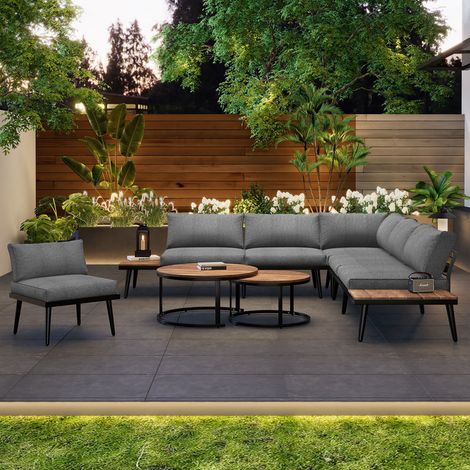 Ensemble de salon de jardin, pour 5 à 6 personnes, structure en fer galvanisé, ensemble repas (2 canapés 2 places,2 fauteuils,2 tables), gris antique (1/5)