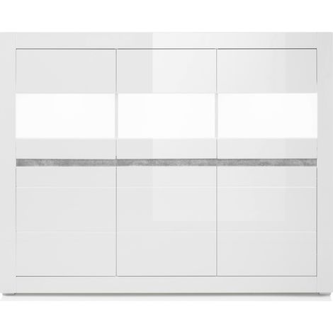 Vitrinen-Highboard in weiß Hochglanz inkl. LED und mit Griffmulden in Betonoptik COGO-61 BxHxT: 164x131x42cm (1/5)