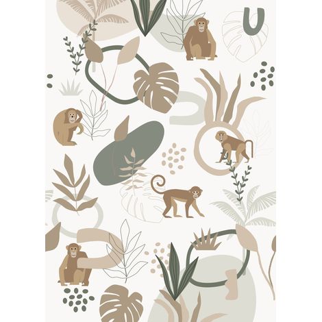 papier peint panoramique singes de la jungle beige et vert - ESTAhome (1/5)