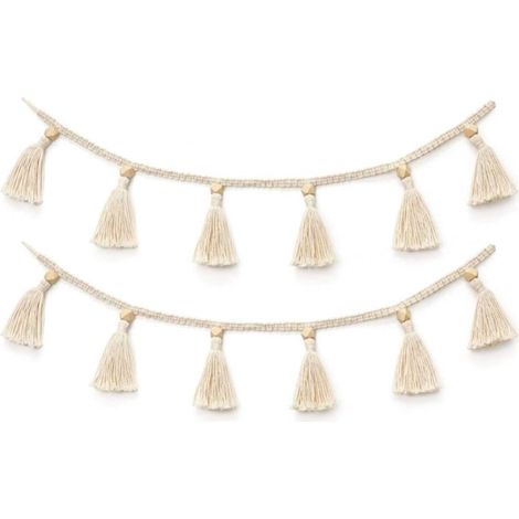 Guirlande Tissée - Cordon Coton Naturel et Perles Bois - Décoration Murale Bohème - Pour Panier en Rotin ou Déco Intérieure - 70 x 7 cm - Lot de 2 (1/3)
