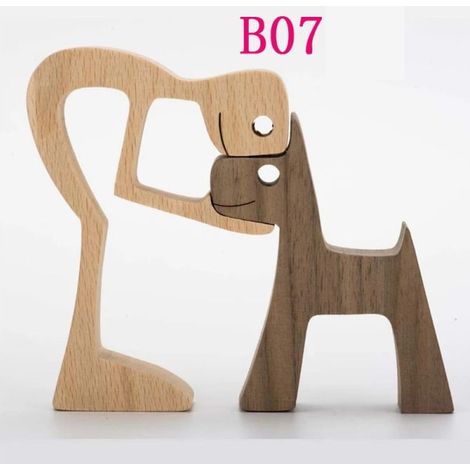 Familjevalp Skulptur i massivt trä, Naturlig trähund Familjefigur, Handsnidad kreativ present (Människa och valp) (1/4)