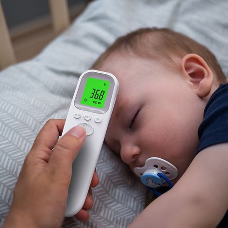 Thermomètre infrarouge numérique LCD 1,3 pouce sans contact, mini thermomètre frontal portable, 32 mémoires, double mode (corps et objets), pour bébés, enfants et adultes. (1/5)