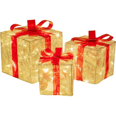Ensemble de 3 boîtes cadeaux éclairées de noël, décorations transparentes avec nœuds rouges, ornement de jupe d'arbre, décor de fête de noël et de vacances (1/5)