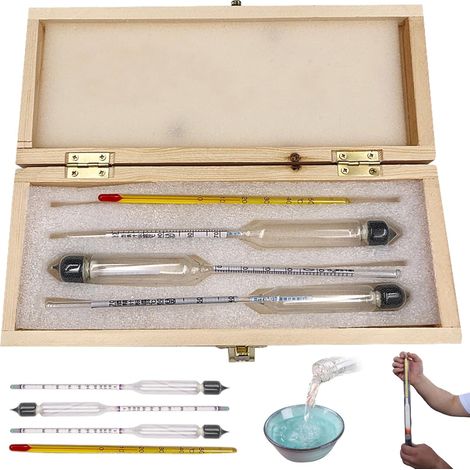 Kit de prueba de alcoholímetro hidrómetro, 3 piezas, medidor de alcohol de 0 a 100 grados, medidor de alcohol graduado preciso con termómetro y caja de madera para vino, cerveza, sidra, análisis y des (1/5)