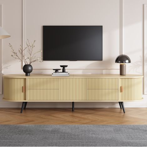 Mobile porta TV ovale 180x40x45 cm con 4 cassetti e anta girevole, adatto a schermi fino a 80 pollici, in MDF naturale (1/5)